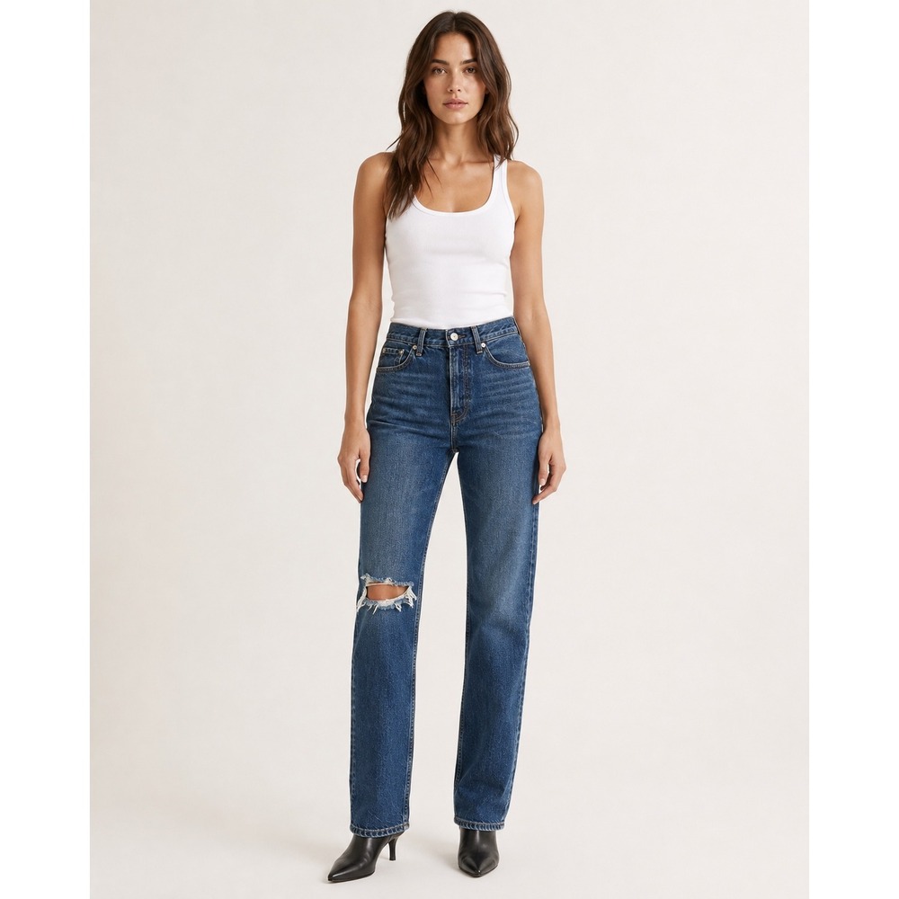 Everlane The Cheeky Jean Women 24 Blue High Rise Straight Distressed Denim